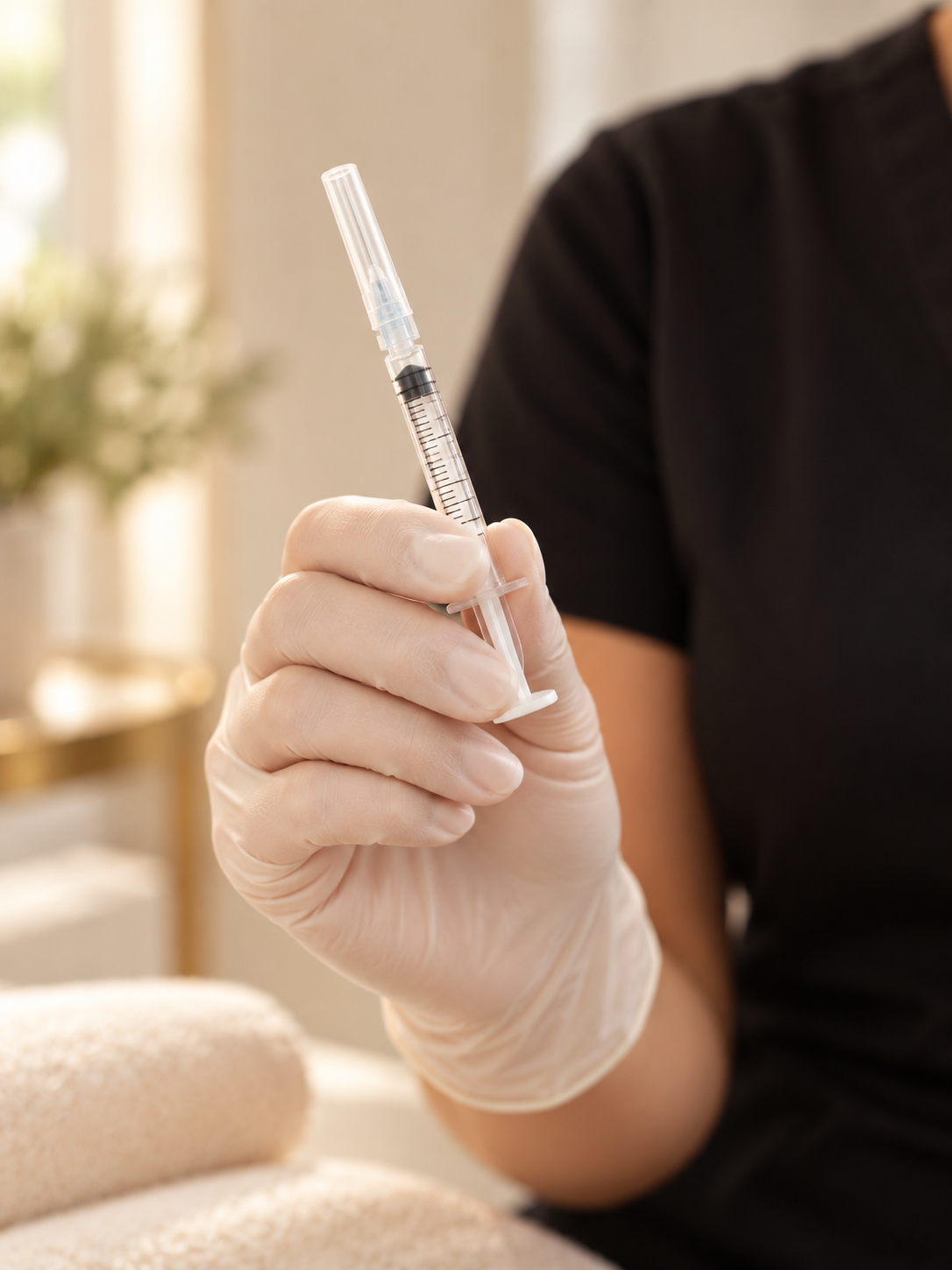 Gloved hand holding a syringe for an aesthetic treatment