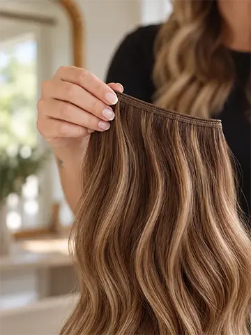 Brown hair-extension weft held by a stylist