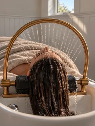 Water flowing over hair during a head spa treatment