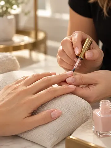 Blush-pink polish being applied during a manicure