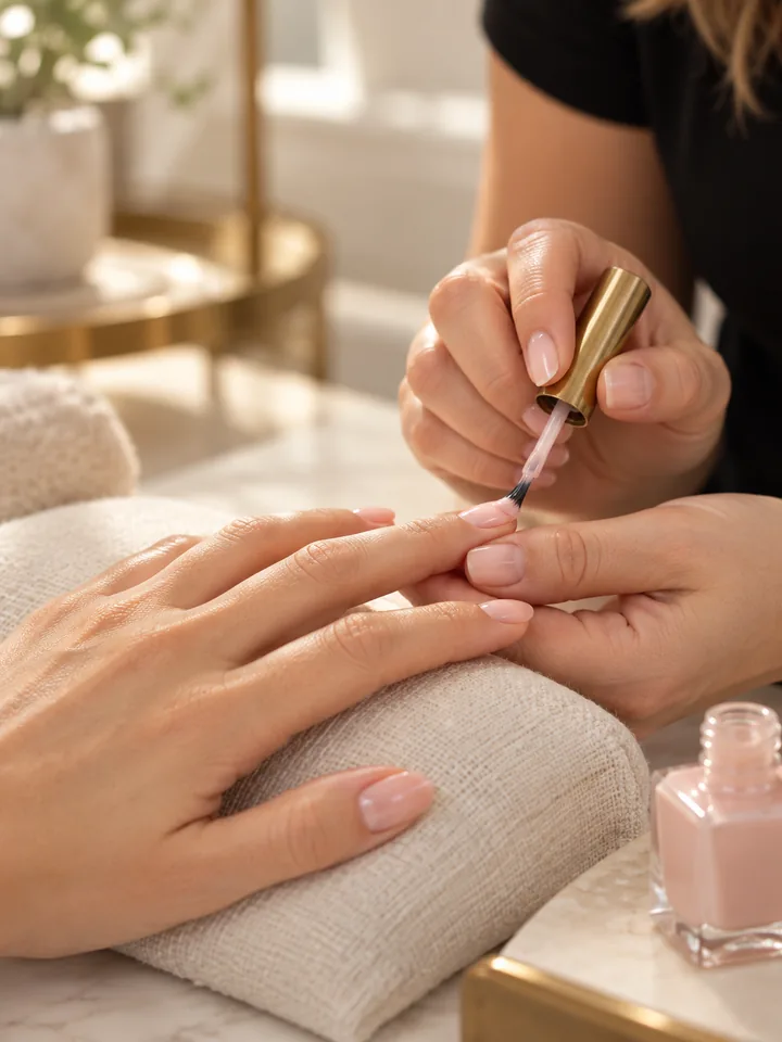Blush-pink polish being applied during a manicure