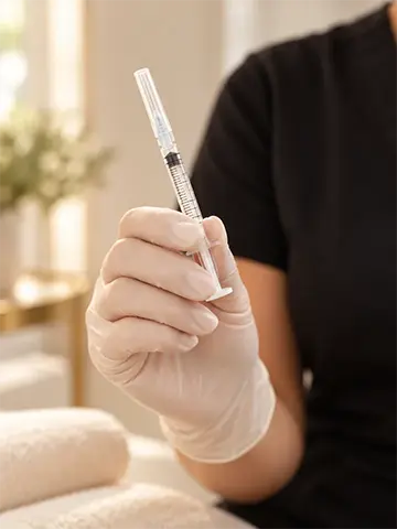 A gloved hand holding a syringe for an aesthetic treatment